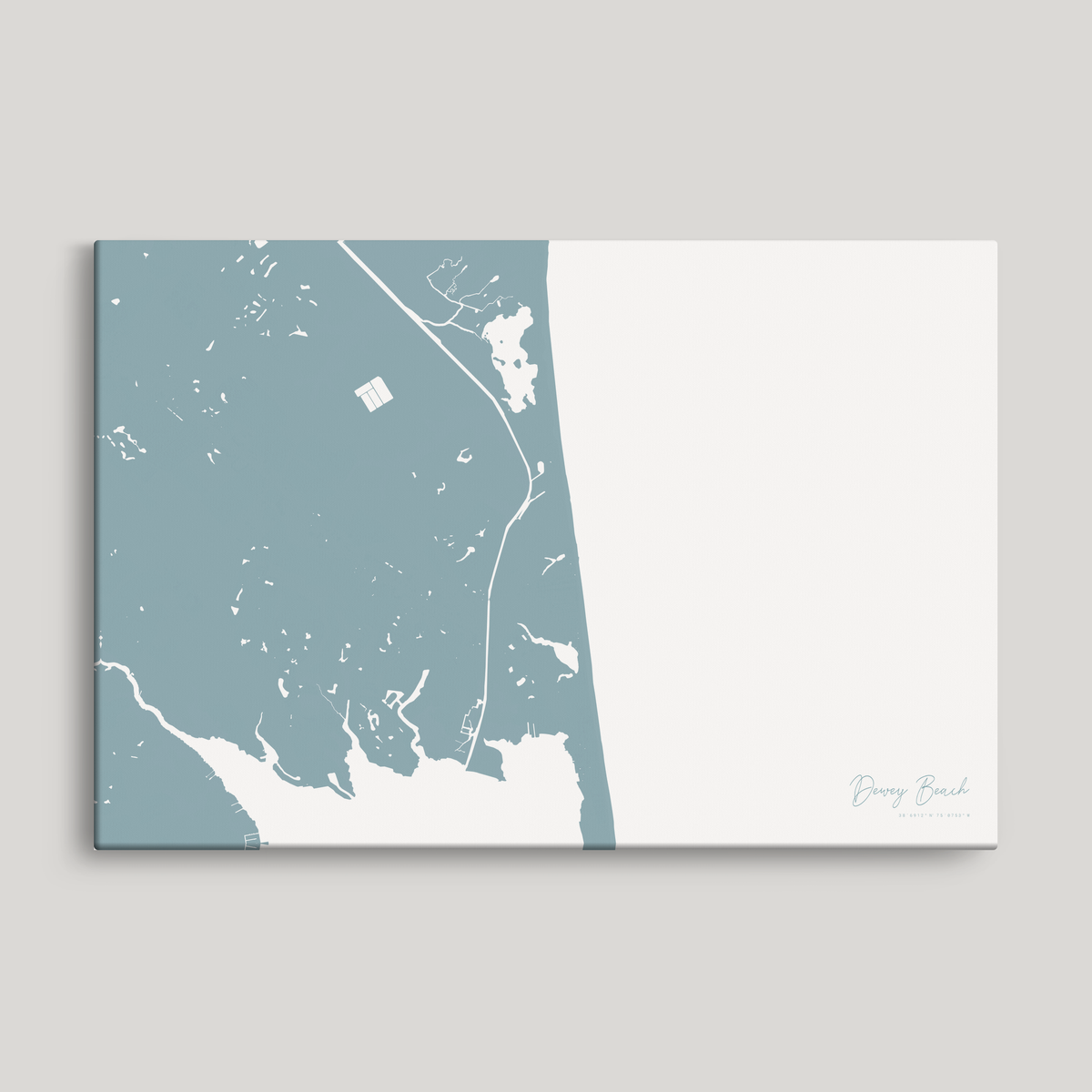 Dewey Beach horizontal canvas map, Soft Blue, No Frame