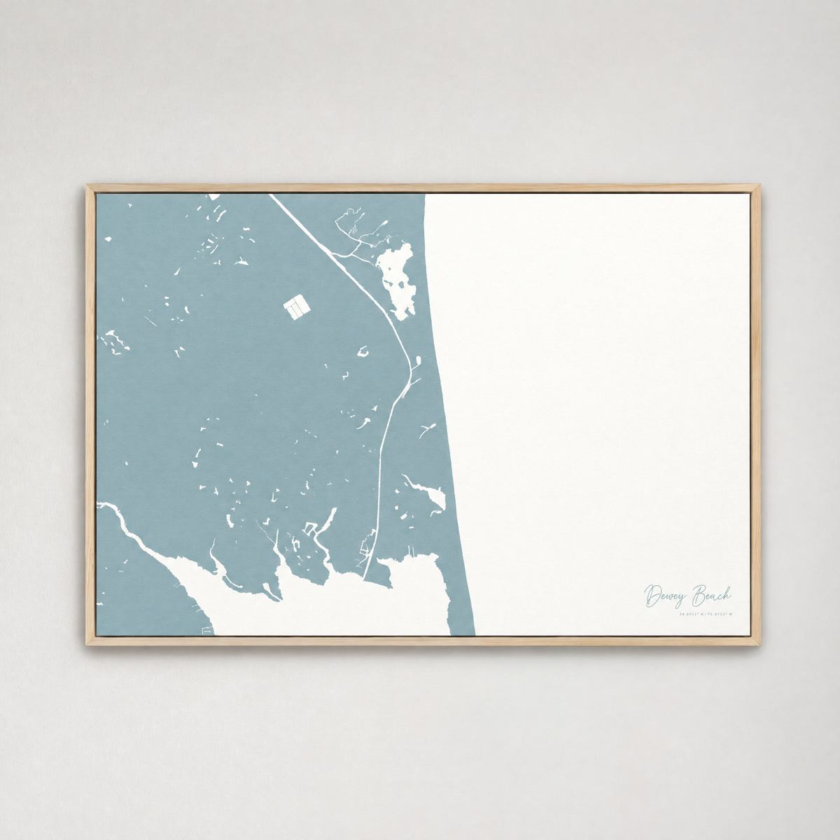 Dewey Beach horizontal canvas map, Soft Blue, Light Wood
