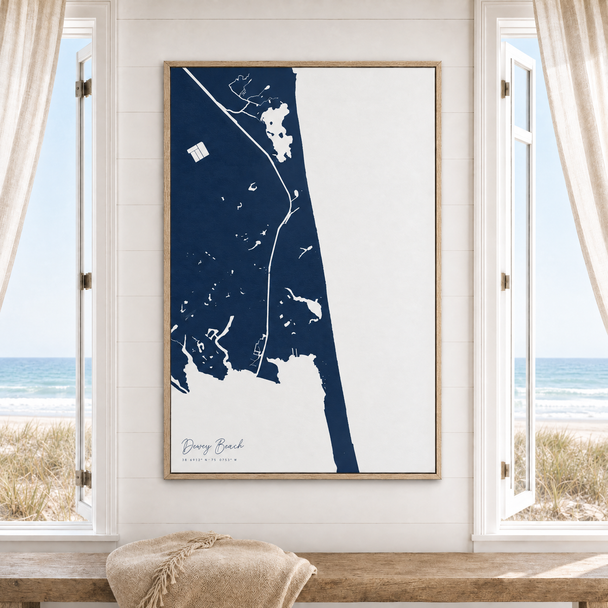 Dewey Beach vertical canvas map in Navy, window interior