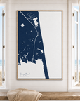 Dewey Beach vertical canvas map in Navy, window interior