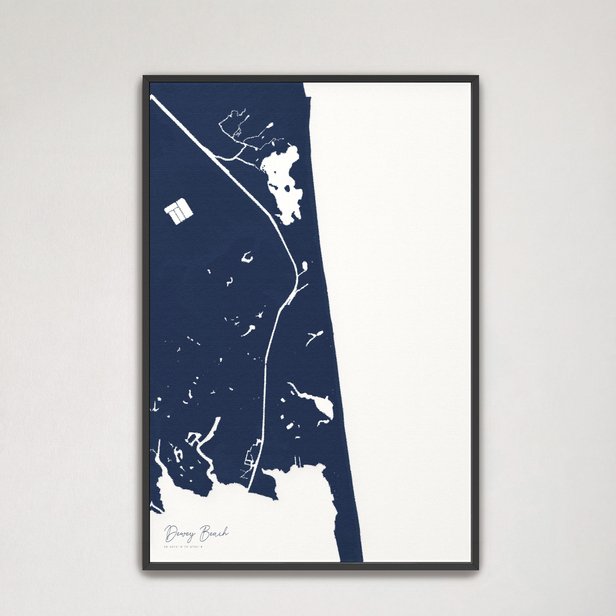 Dewey Beach vertical canvas map, Navy, Black Frame