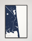 Dewey Beach vertical canvas map, Navy, Black Frame