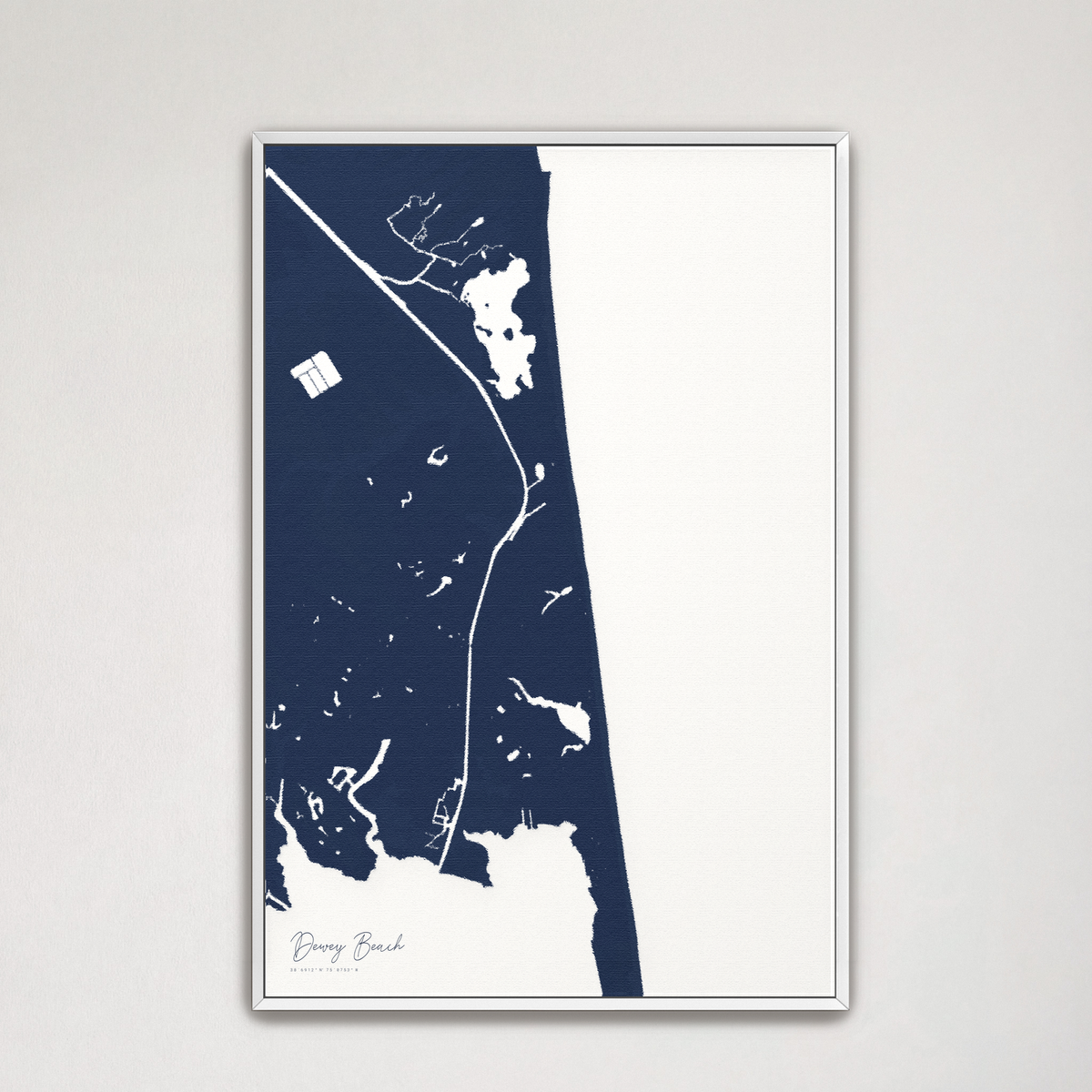 Dewey Beach vertical canvas map, Navy, White Frame