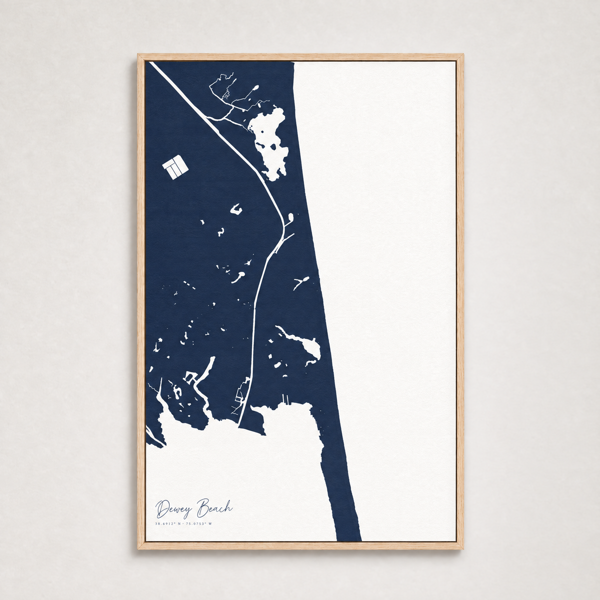 Dewey Beach vertical canvas map, Navy, Light Wood