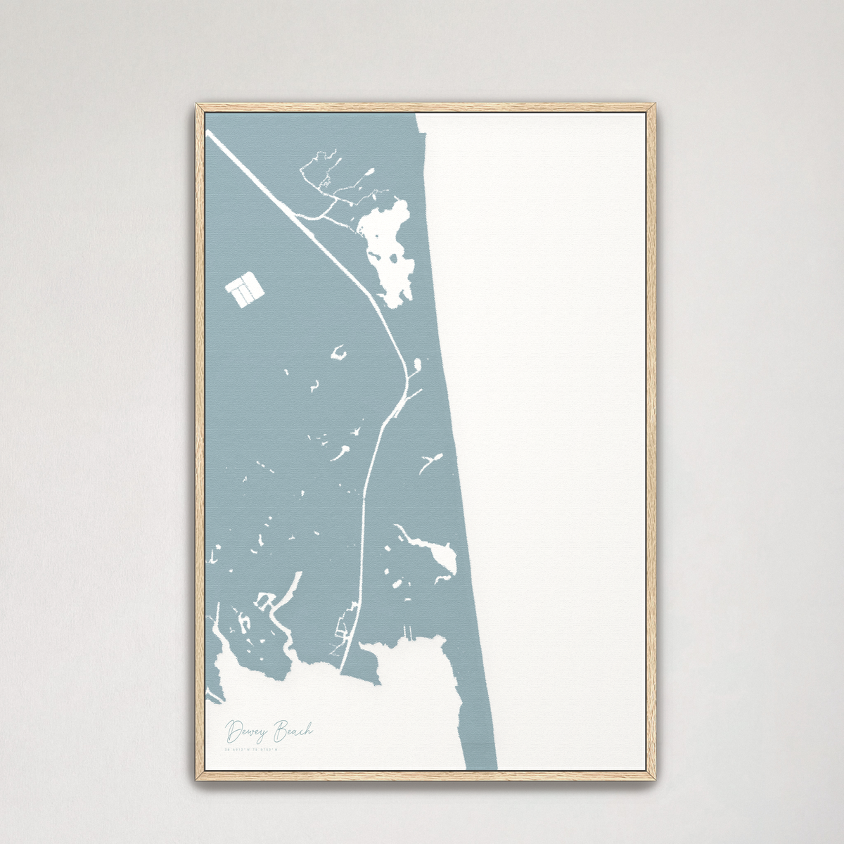 Dewey Beach vertical canvas map, Soft Blue, Natural Oak