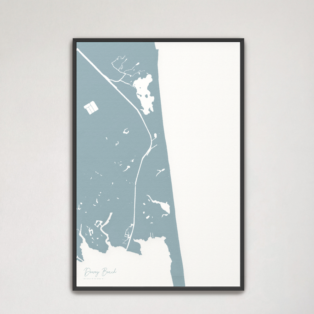 Dewey Beach vertical canvas map, Soft Blue, Black Frame