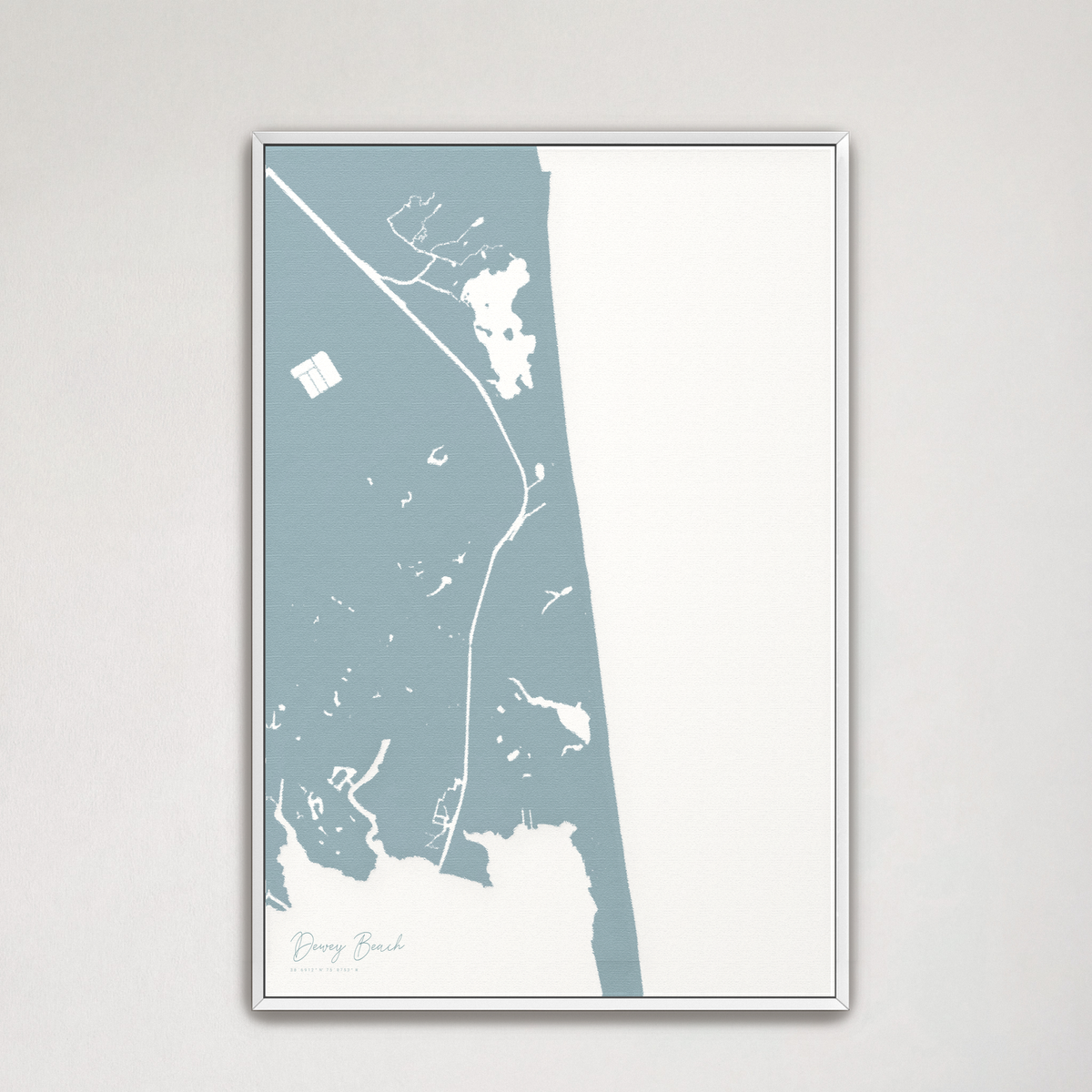 Dewey Beach vertical canvas map, Soft Blue, White Frame