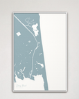 Dewey Beach vertical canvas map, Soft Blue, White Frame