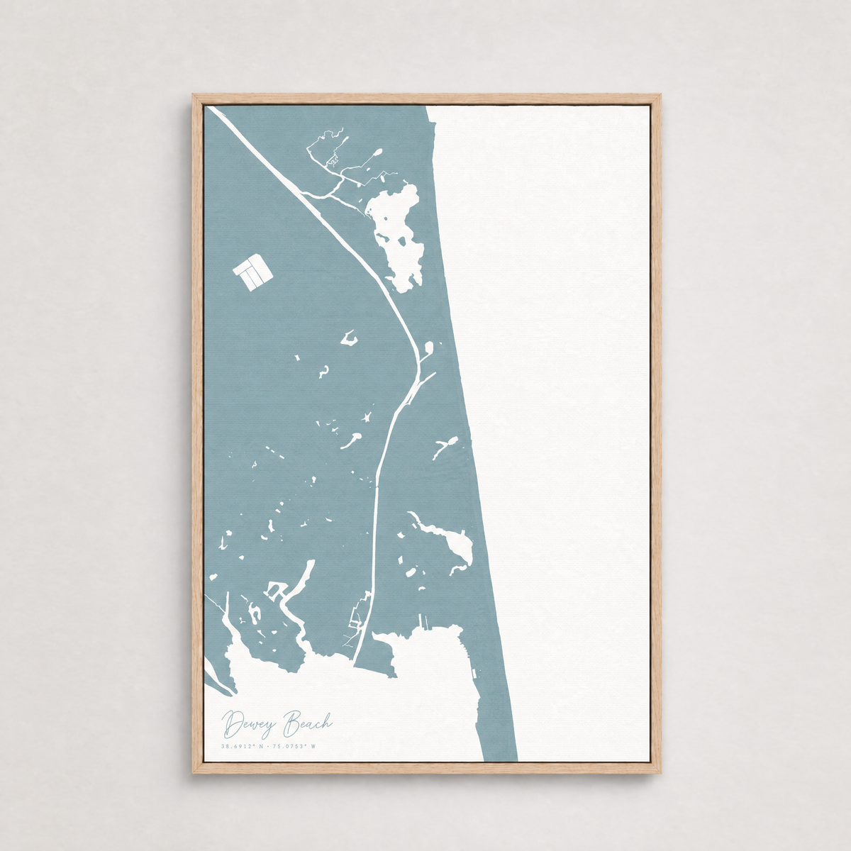 Dewey Beach vertical canvas map, Soft Blue, Light Wood