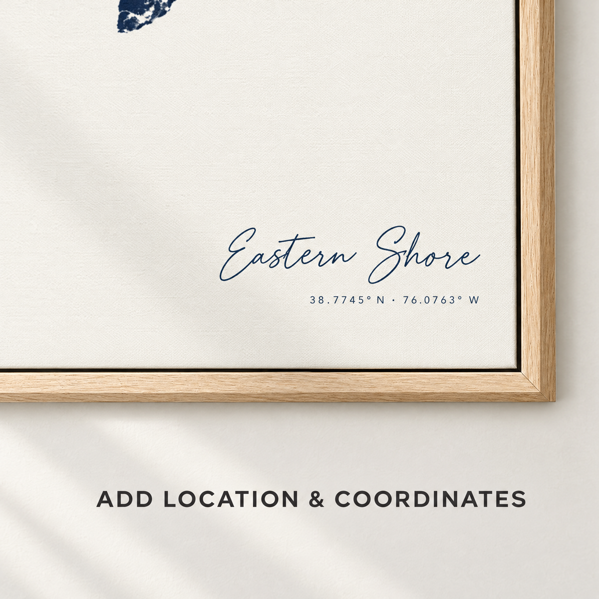 Eastern Shore horizontal canvas map in Navy, location and coordinates detail