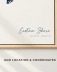 Eastern Shore horizontal canvas map in Navy, location and coordinates detail