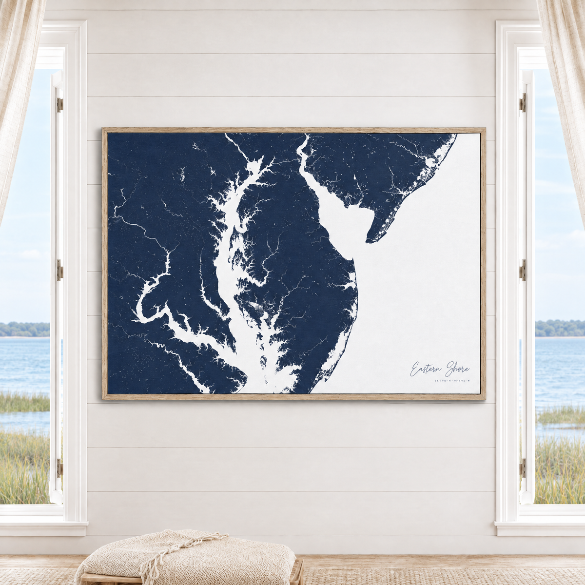 Eastern Shore horizontal canvas map in Navy, window interior