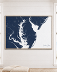 Eastern Shore horizontal canvas map in Navy, window interior