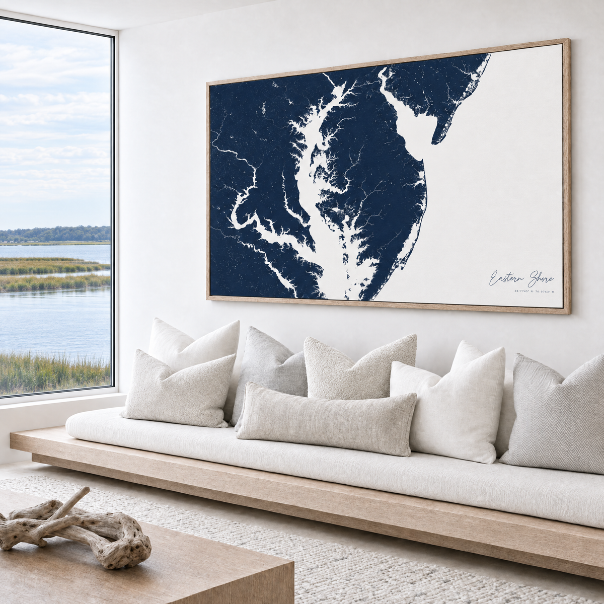 Eastern Shore horizontal canvas map in Navy, bench beside a water view