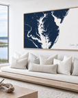 Eastern Shore horizontal canvas map in Navy, bench beside a water view