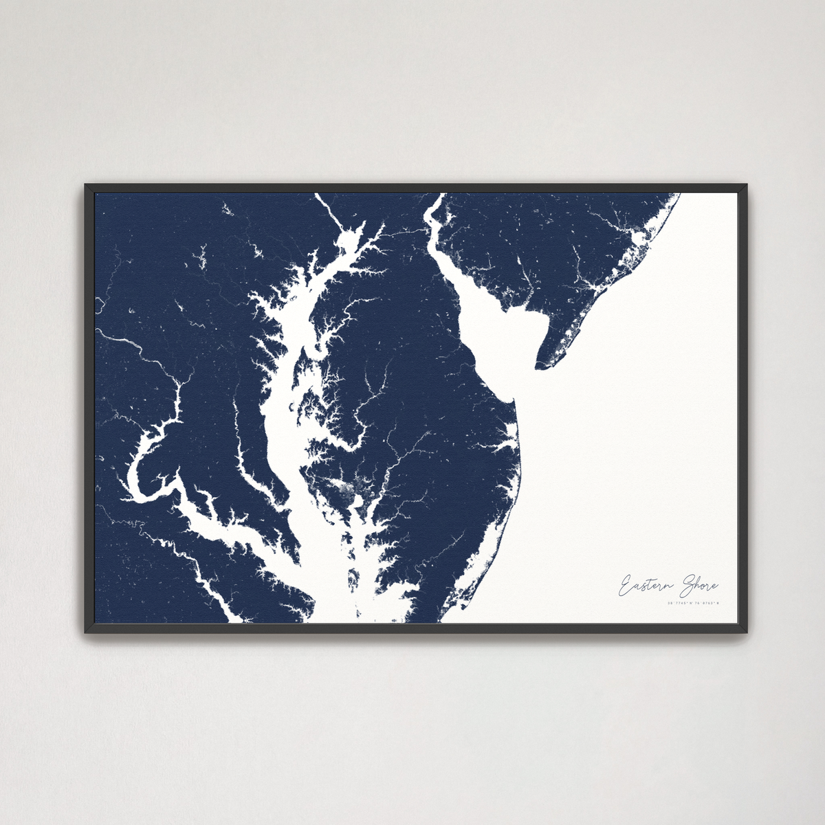 Eastern Shore horizontal canvas map, Navy, Black Frame