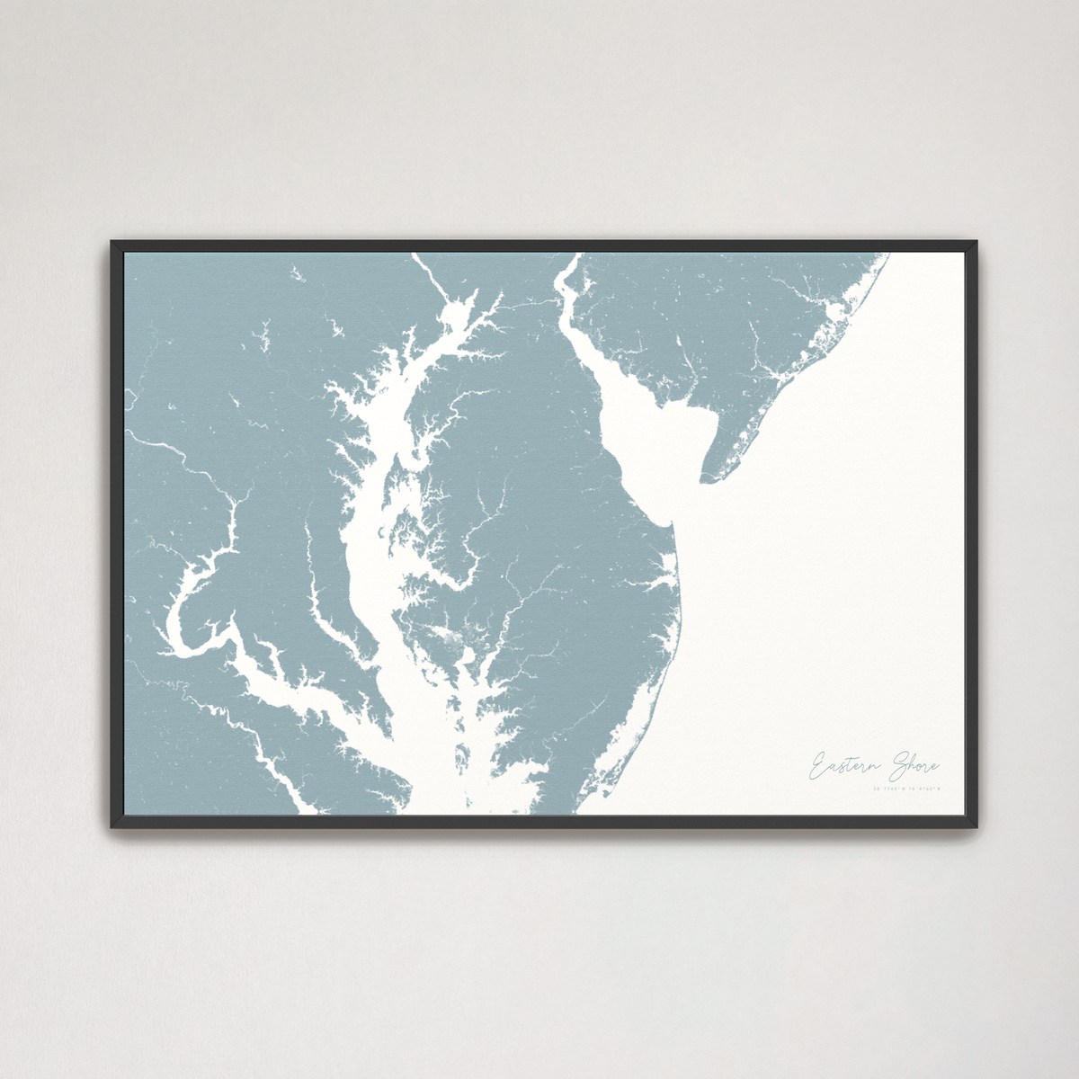 Eastern Shore horizontal canvas map, Soft Blue, Black Frame