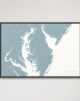 Eastern Shore horizontal canvas map, Soft Blue, Black Frame