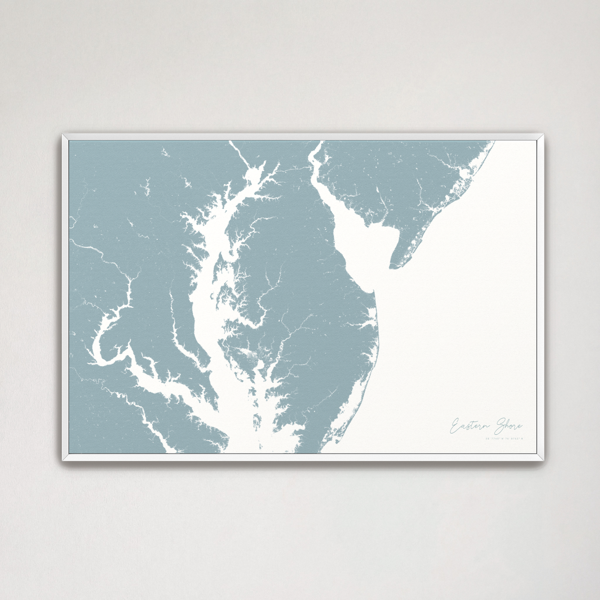 Eastern Shore horizontal canvas map, Soft Blue, White Frame