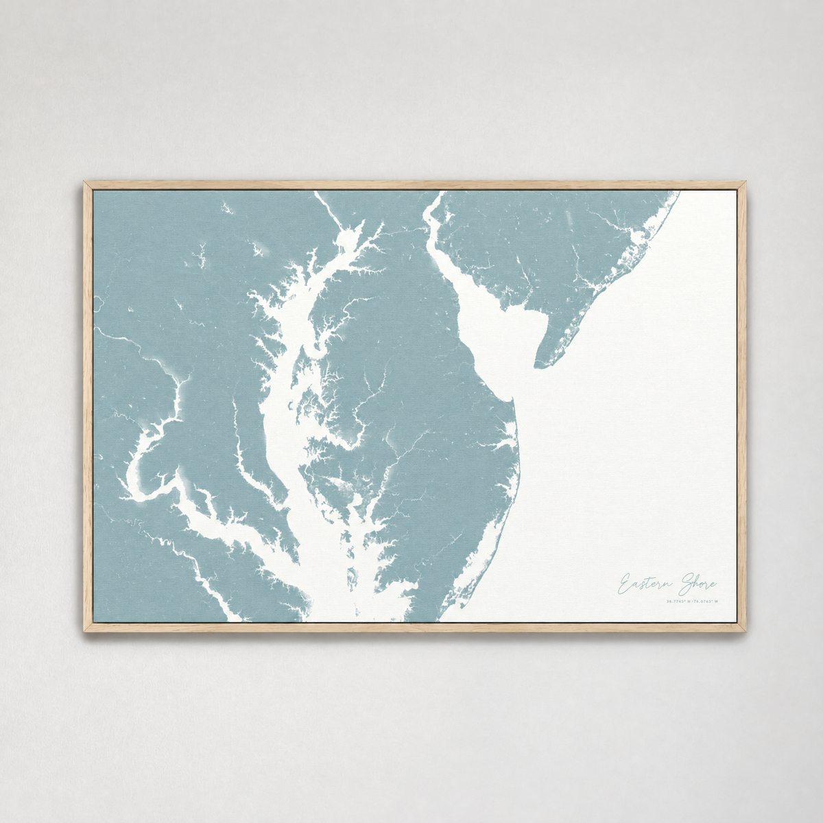 Eastern Shore horizontal canvas map, Soft Blue, Light Wood