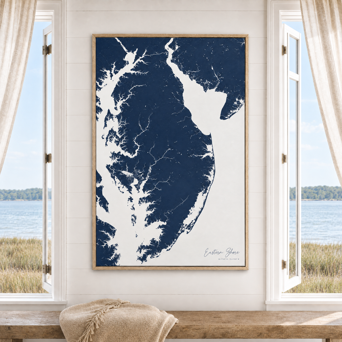 Eastern Shore vertical canvas map in Navy, window interior