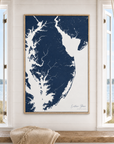 Eastern Shore vertical canvas map in Navy, window interior