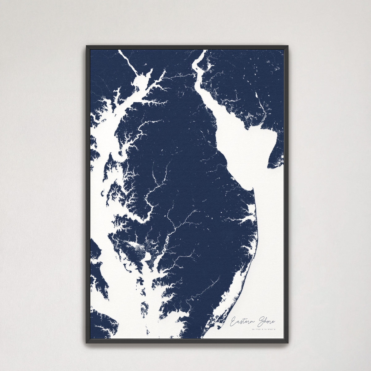 Eastern Shore vertical canvas map, Navy, Black Frame