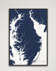 Eastern Shore vertical canvas map, Navy, Black Frame