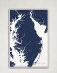 Eastern Shore vertical canvas map, Navy, White Frame