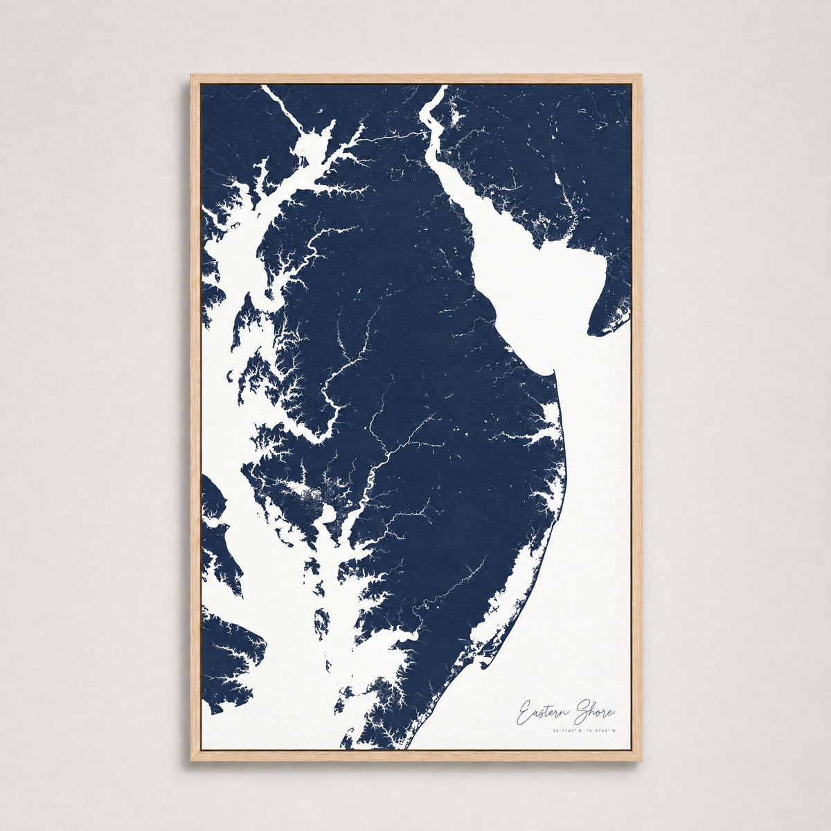 Eastern Shore vertical canvas map, Navy, Light Wood