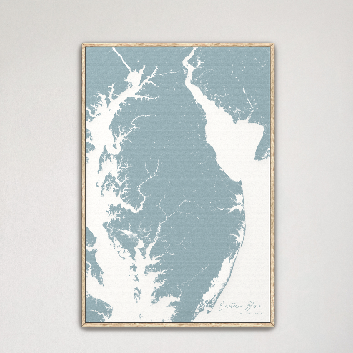 Eastern Shore vertical canvas map, Soft Blue, Natural Oak