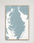 Eastern Shore vertical canvas map, Soft Blue, Natural Oak