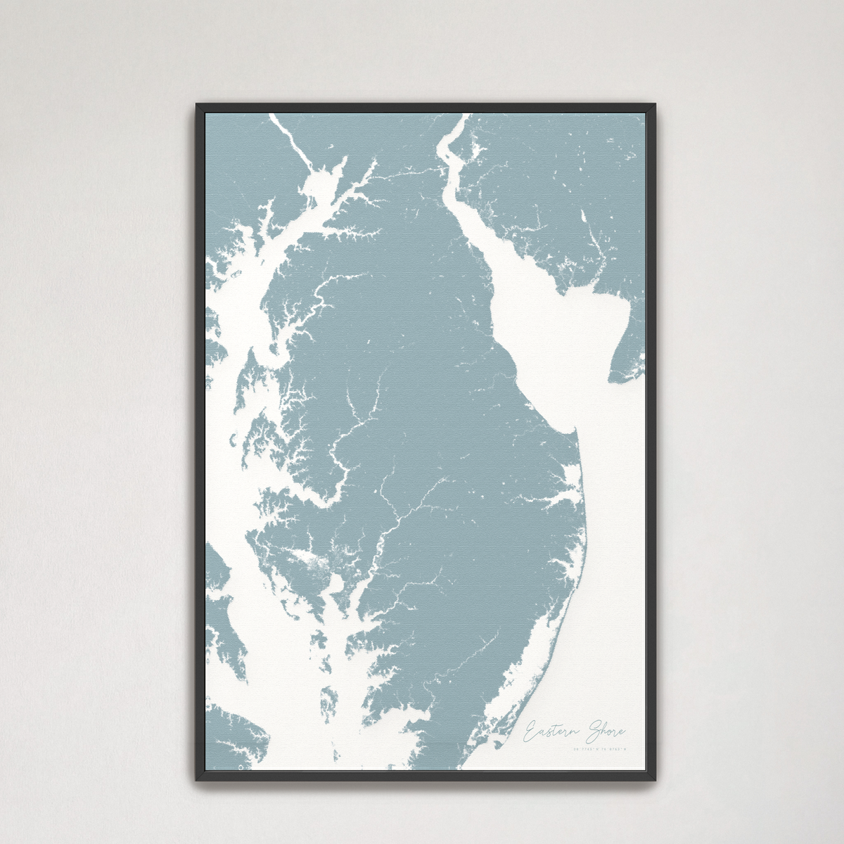 Eastern Shore vertical canvas map, Soft Blue, Black Frame