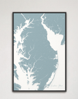 Eastern Shore vertical canvas map, Soft Blue, Black Frame