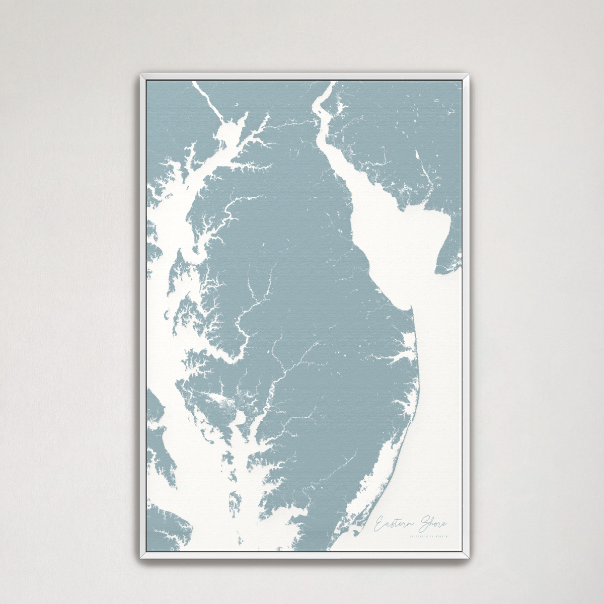 Eastern Shore vertical canvas map, Soft Blue, White Frame