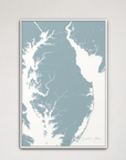 Eastern Shore vertical canvas map, Soft Blue, White Frame