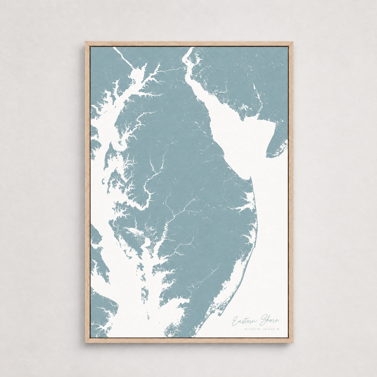 Eastern Shore vertical canvas map, Soft Blue, Light Wood