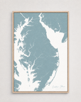 Eastern Shore vertical canvas map, Soft Blue, Light Wood