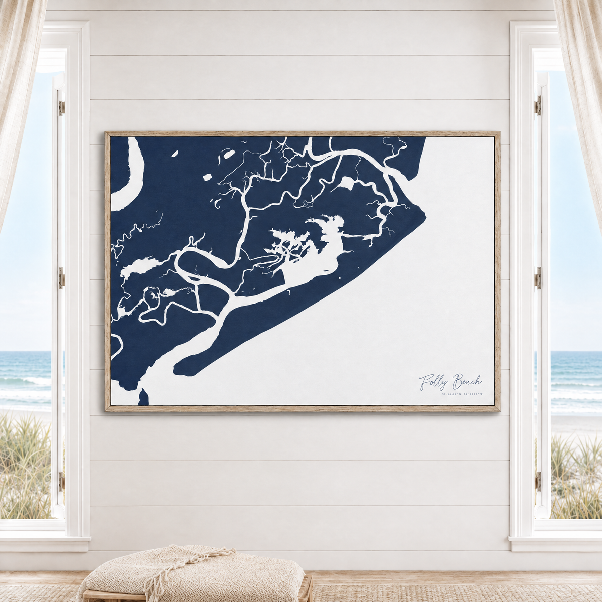 Folly Beach horizontal canvas map in Navy, window interior