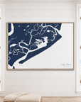 Folly Beach horizontal canvas map in Navy, window interior