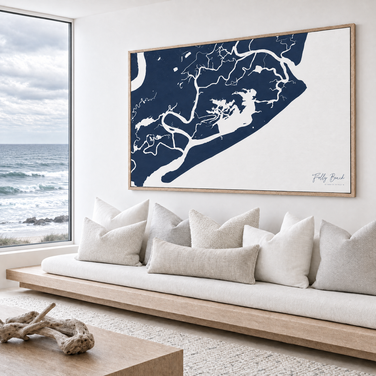 Folly Beach horizontal canvas map in Navy, bench beside a water view