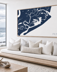 Folly Beach horizontal canvas map in Navy, bench beside a water view