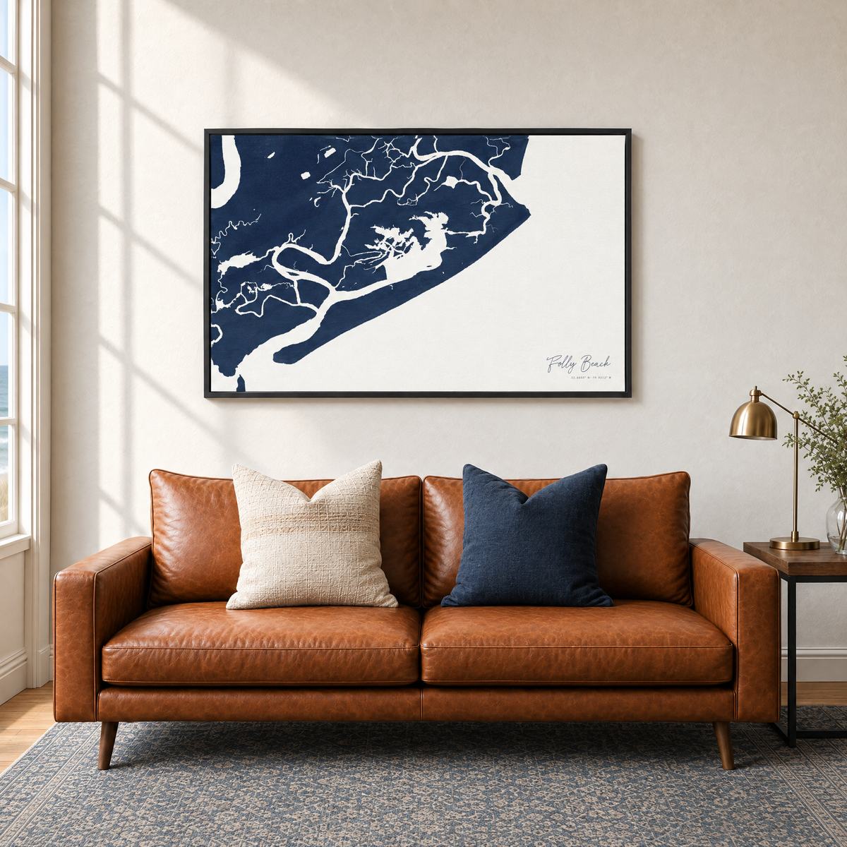 Folly Beach horizontal canvas map in Navy, black-framed canvas above a sofa