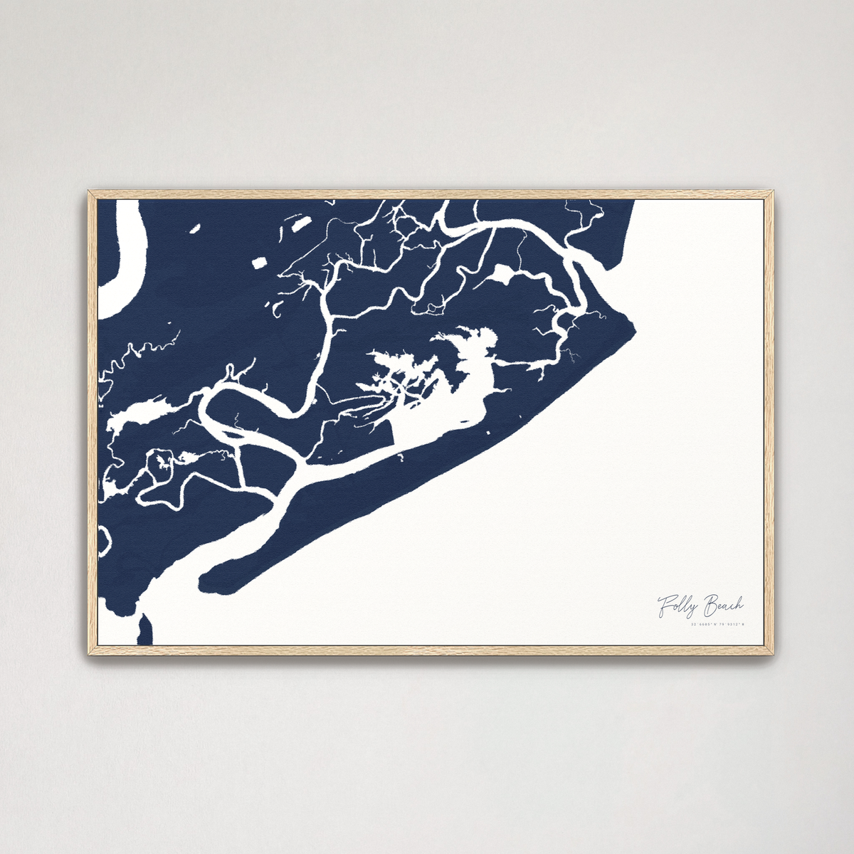 Folly Beach horizontal canvas map, Navy, Natural Oak