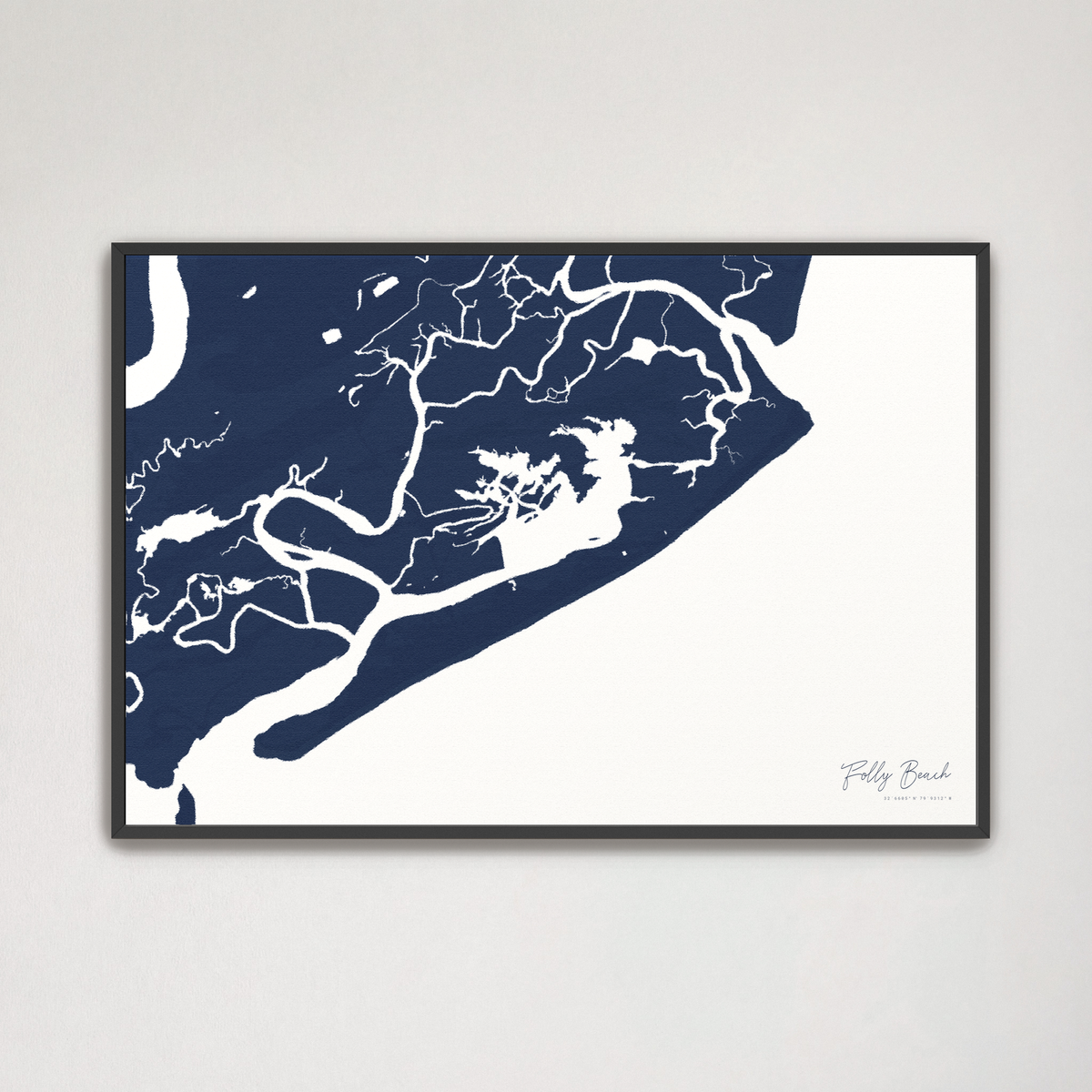 Folly Beach horizontal canvas map, Navy, Black Frame