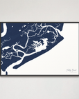 Folly Beach horizontal canvas map, Navy, Black Frame