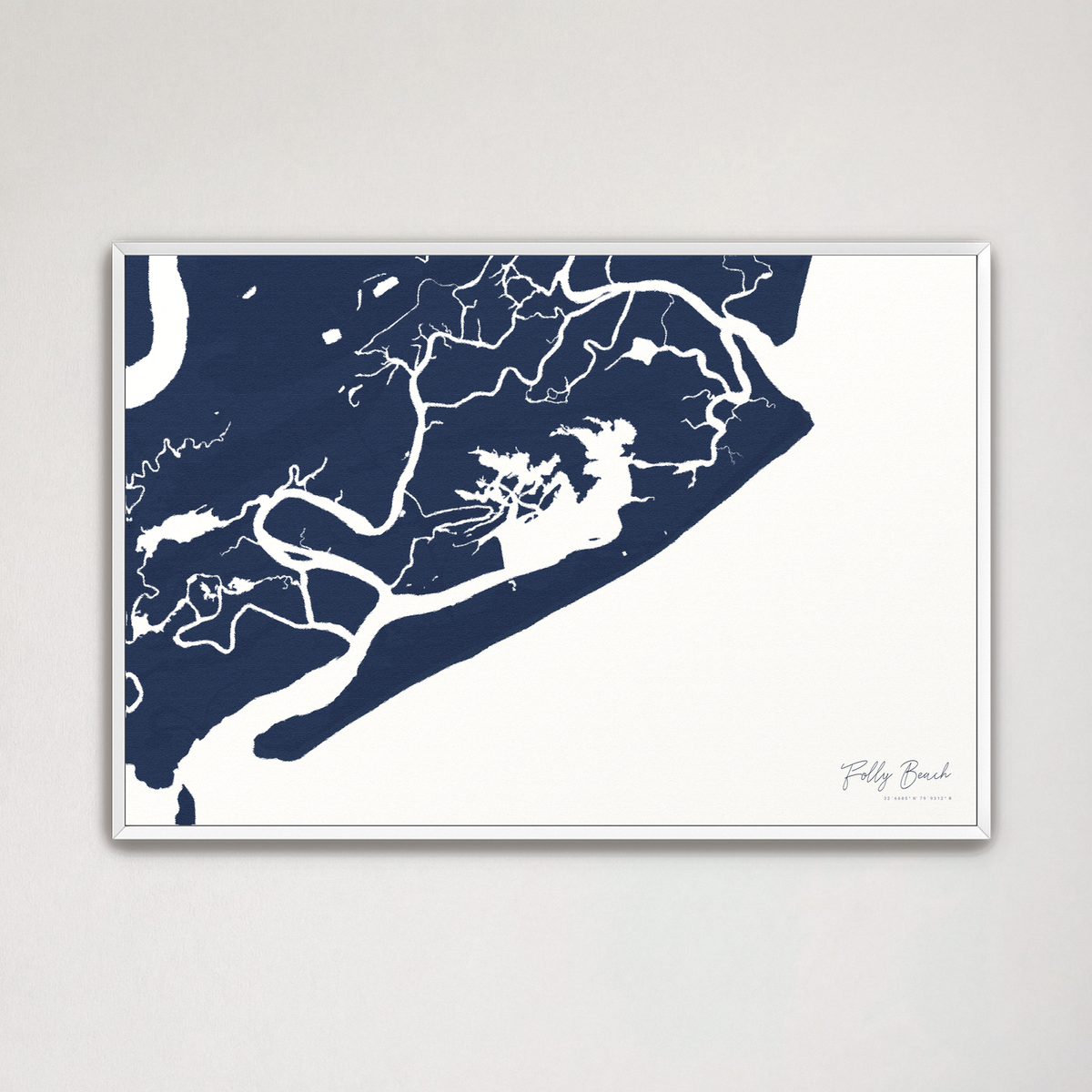 Folly Beach horizontal canvas map, Navy, White Frame