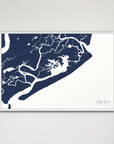 Folly Beach horizontal canvas map, Navy, White Frame