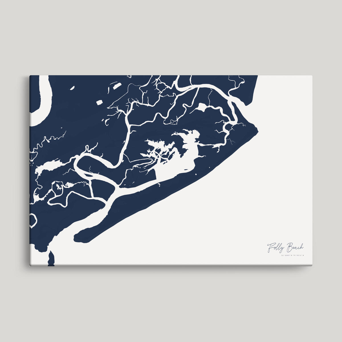 Folly Beach horizontal canvas map, Navy, No Frame