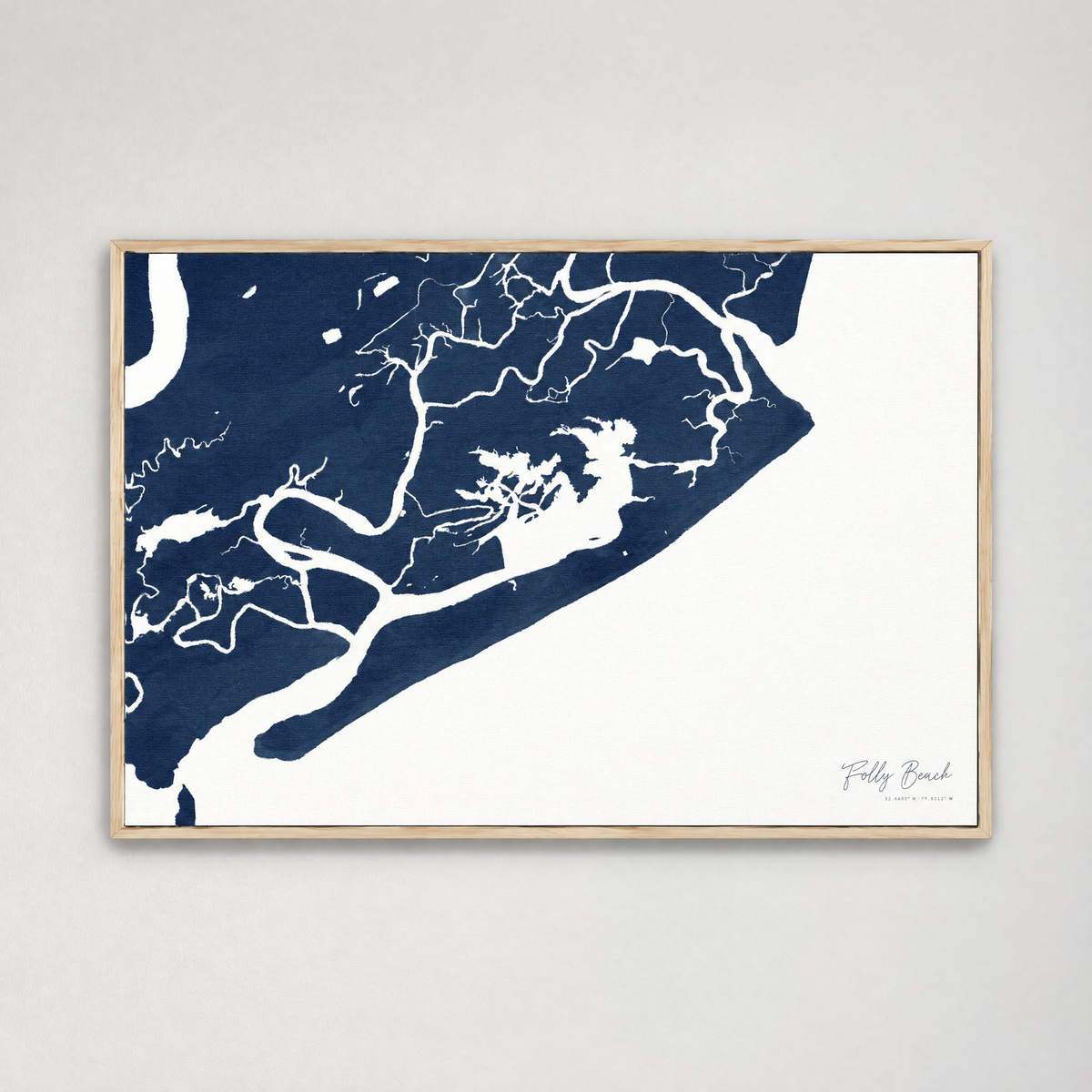 Folly Beach horizontal canvas map, Navy, Light Wood